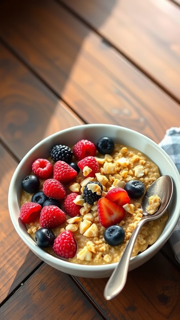 A bowl of creamy oatmeal topped with nuts and mixed berries on a rustic table.